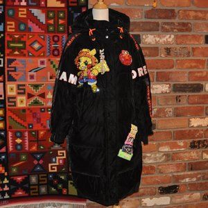 Black Silky Velvet Puffer Long Coat Sequin Pikachu Elmo DREAM "Don't Give Up" M